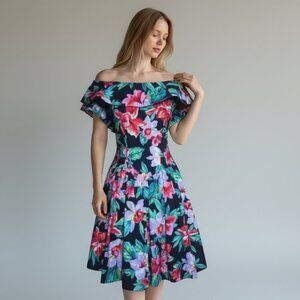 Vintage Floral Dress 5 Junior Women's Fit N Flare Rockabilly 80s 90s Crinoline